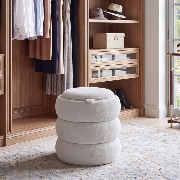 slide 2 of 28, Adeco 16" Round Upholstered Storage Ottoman with Wood Lid Beige-Boucle
