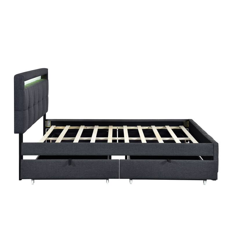 Linen Upholstered Platform Bed Frame with LED Light Headboard & 2 Drawers