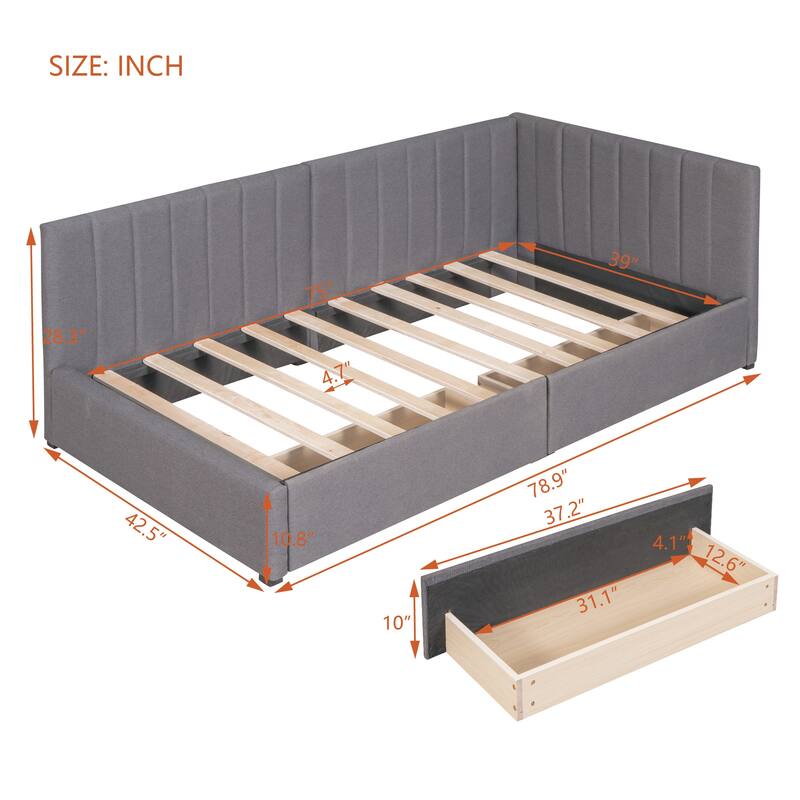 Twin Size Daybed with 2 Storage Drawers Sofa Bed Frame Wood Slat Support Semi-Closed Design Upholstered Daybed