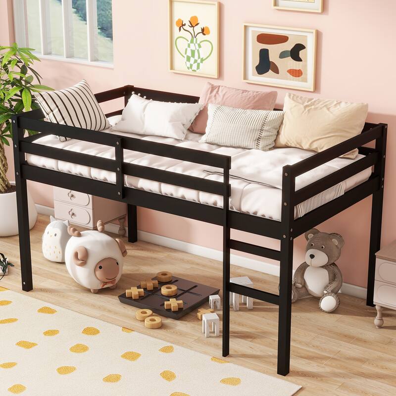 Black Twin Loft Bed with Ladder, Strengthened Slats, Rubber Wood and Plywood