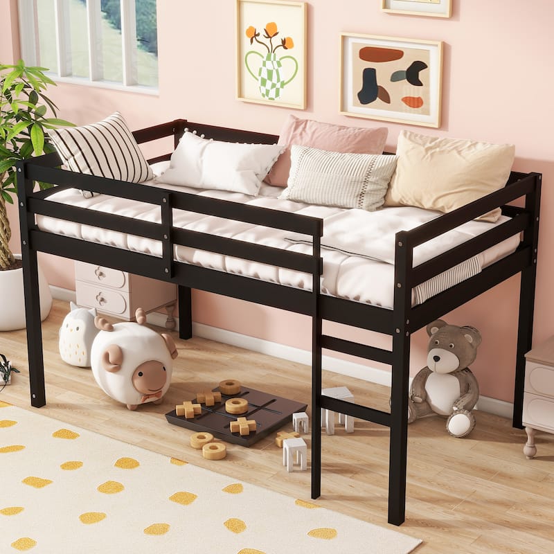 Solid Wooden, Rubber Wooden Twin Loft Bed with Ladder, Bed Platform of Strengthened Slats, Pink
