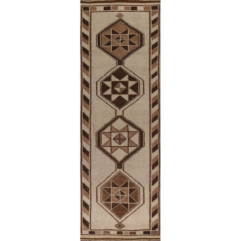 Natural Dye Handmade Kurdish Turkish Runner Rug Beige Wool Carpet - 3'4"x 11'9"