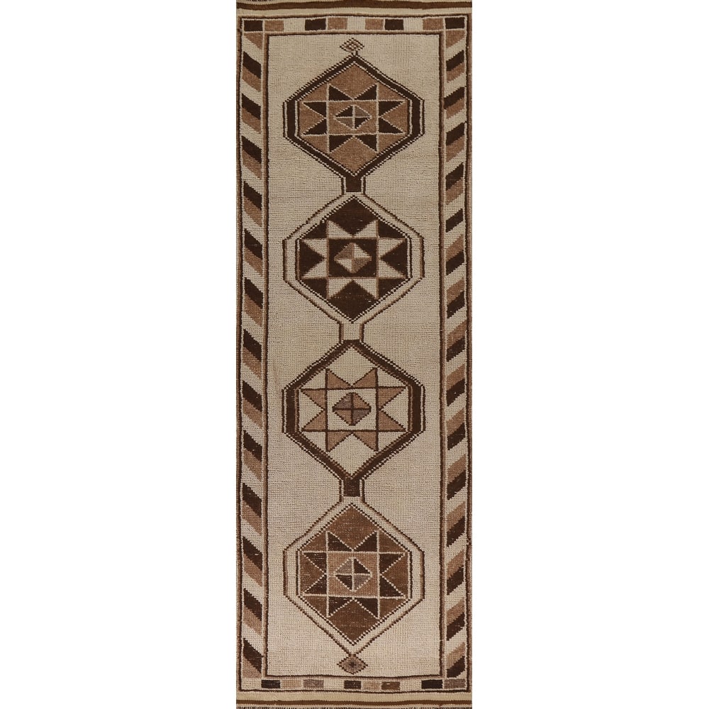 Natural Dye Handmade Kurdish Turkish Runner Rug Beige Wool Carpet - 3'4"x 11'9"