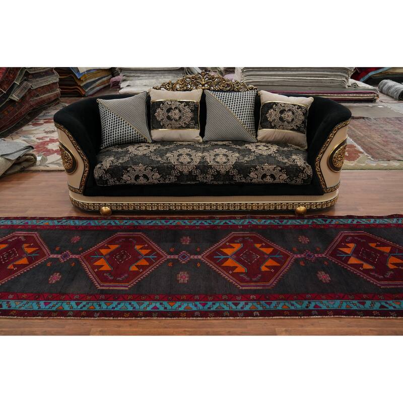 Hand Knotted Oriental 100% Wool Carpet Traditional Geometric Greys & Charcoal Ardebil Runner Rug - 13' 5'' X 3' 8''