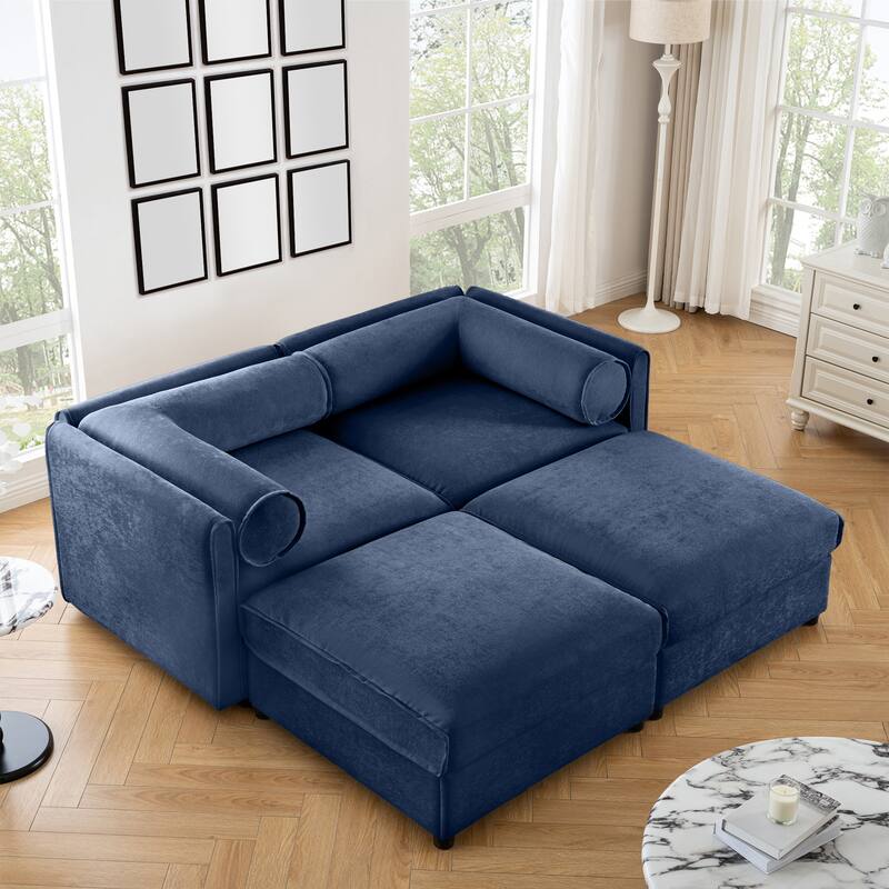 Modern Chenille 6-Seater Sofa with Ottoman Storage, Hidden Storage, Cylindrical Cushioned Arms and Backrest