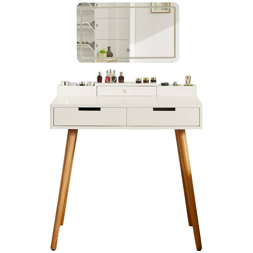 Makeup Vanity Desk with Removable Mirror, 3 Color Modes Dressing Table, Small Vanity Table Set with 2 Drawers for Bedroom