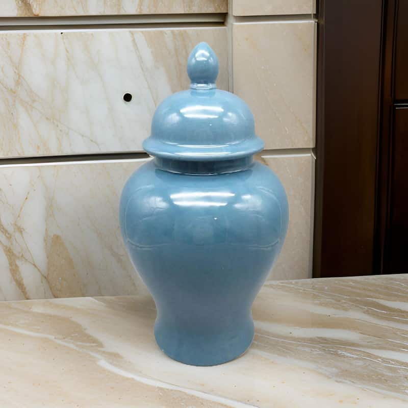 Teli 18 Inch Decorative Temple Ginger Jar, Elegant Ceramic, Glossy Blue
