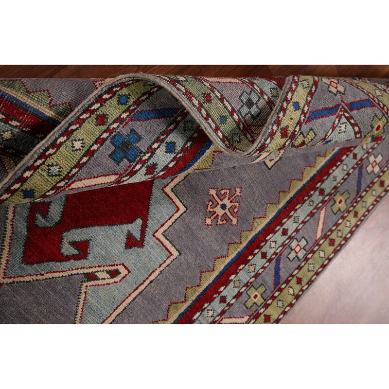 Gray Geometric Kazak Foyer Rug Handmade Oriental Wool Carpet - 3'4" x 5'5"
