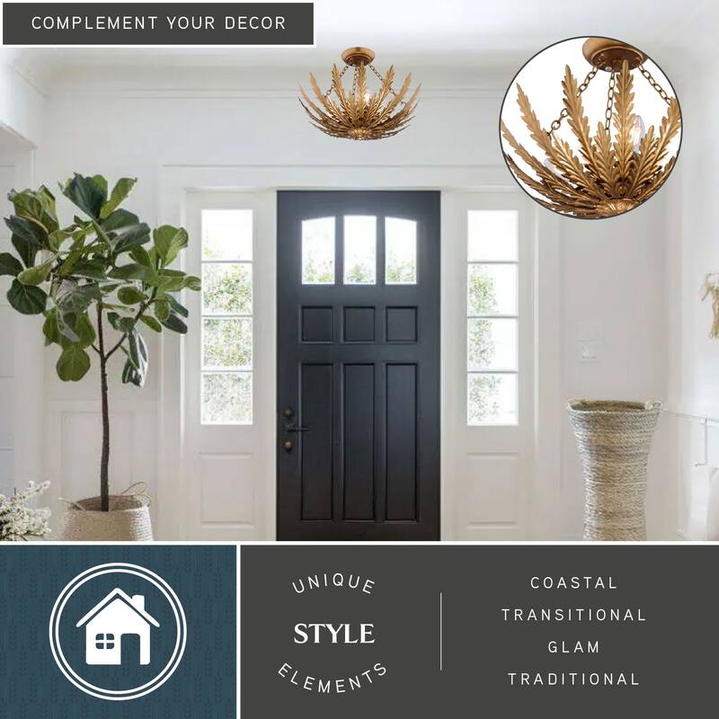 Ozette 18-in W Heritage Gold Semi Flush Mount Ceiling Light Fixture with Leaf Motif - 18-in W x 14-in H x 18-in D