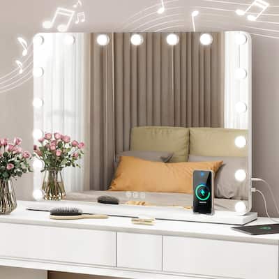 Moasis LED Lighted Makeup Mirror with Touch Screen 3 Colors Lighting Vanity Mirror w/ Wireless Charger and Speaker