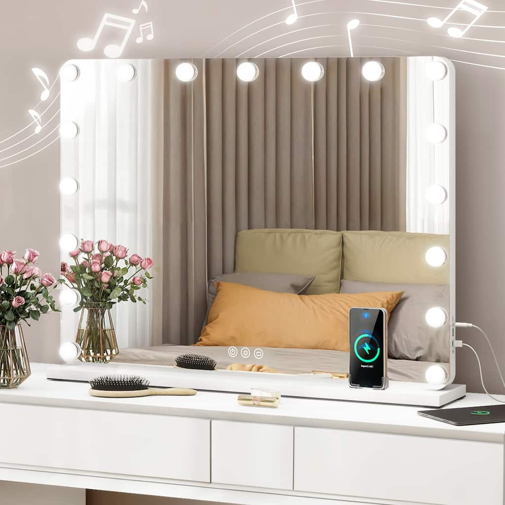 Moasis LED Lighted Makeup Mirror with Touch Screen 3 Colors Lighting Vanity Mirror w/ Wireless Charger and Speaker