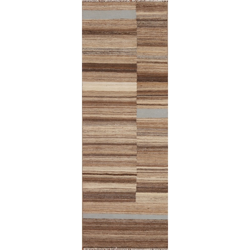 Striped Kilim Modern Runner Rug Flat-weave Wool Carpet - 2'7" x 7'0"