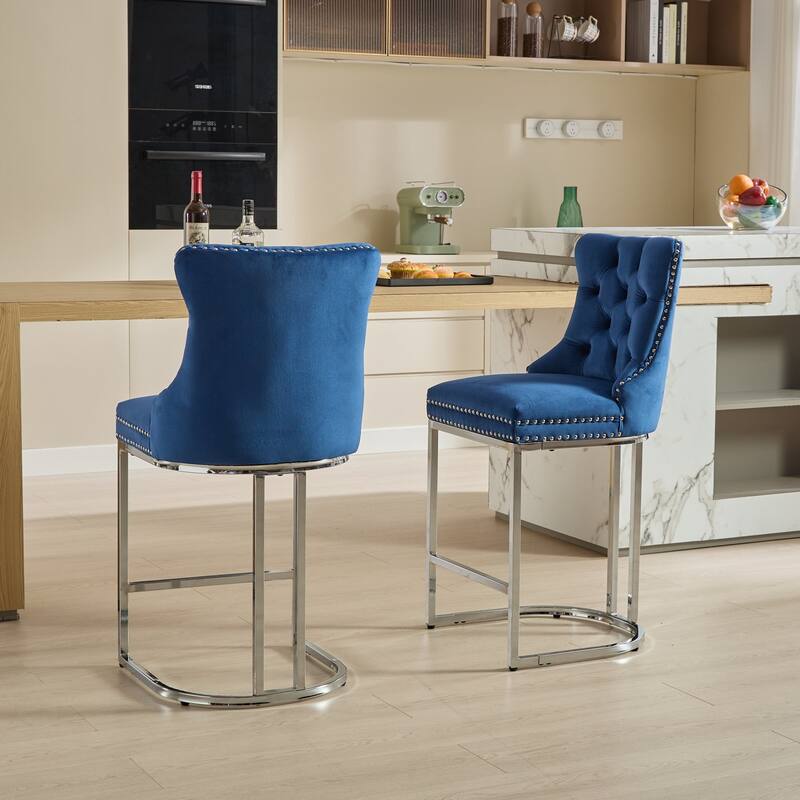 Counter Height Bar Stools Set of 2, Velvet Upholstered Accent Chairs with Button Back, Rivet Trim and Chromed Metal Base Legs