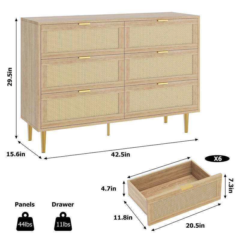 6 Drawer Rattan Dresser for Bedroom, Wide Double Dresser Chest of Drawers