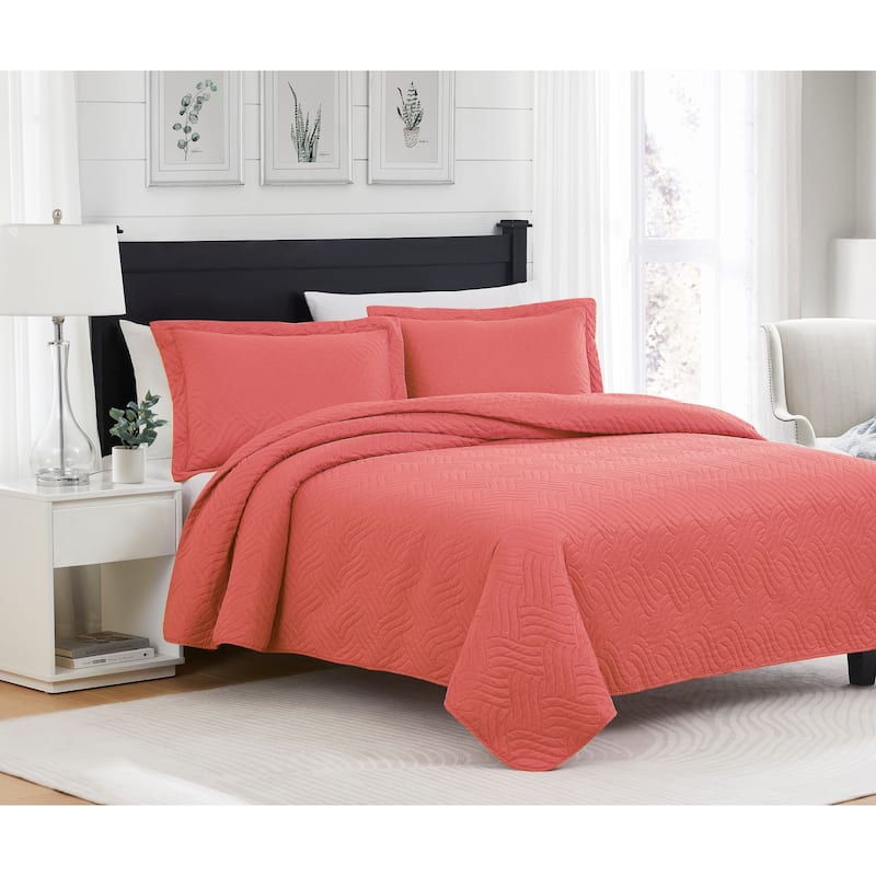 Ruby Waves Microfiber Quilt Set - Coral - Queen