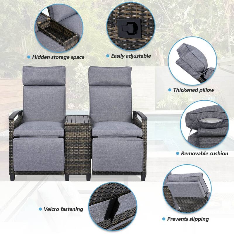 Patio Recliner Loveseat Chair with Adjustable Backrest and Storage Table