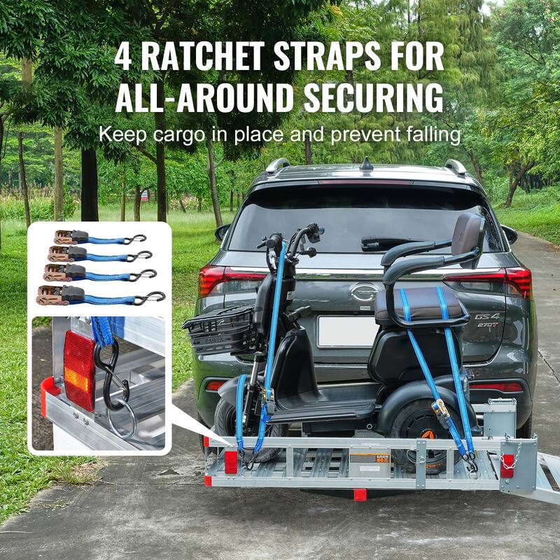Hitch Mount Cargo Carrier, Hitch Cargo Rack with Folding Ramp, Hitch Rack Basket with Stabilizer and Straps