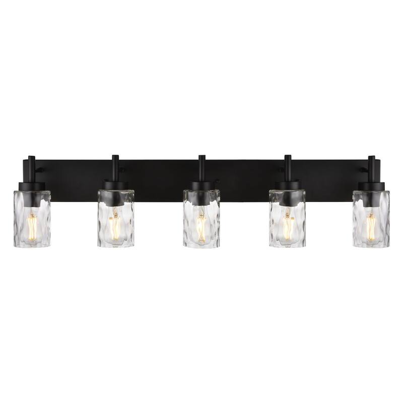 Vanity Light Fixtures 5 Light Modern Wall Sconces Lighting Black Bathroom Lights Wall Mounted with Hammered Glass Shade