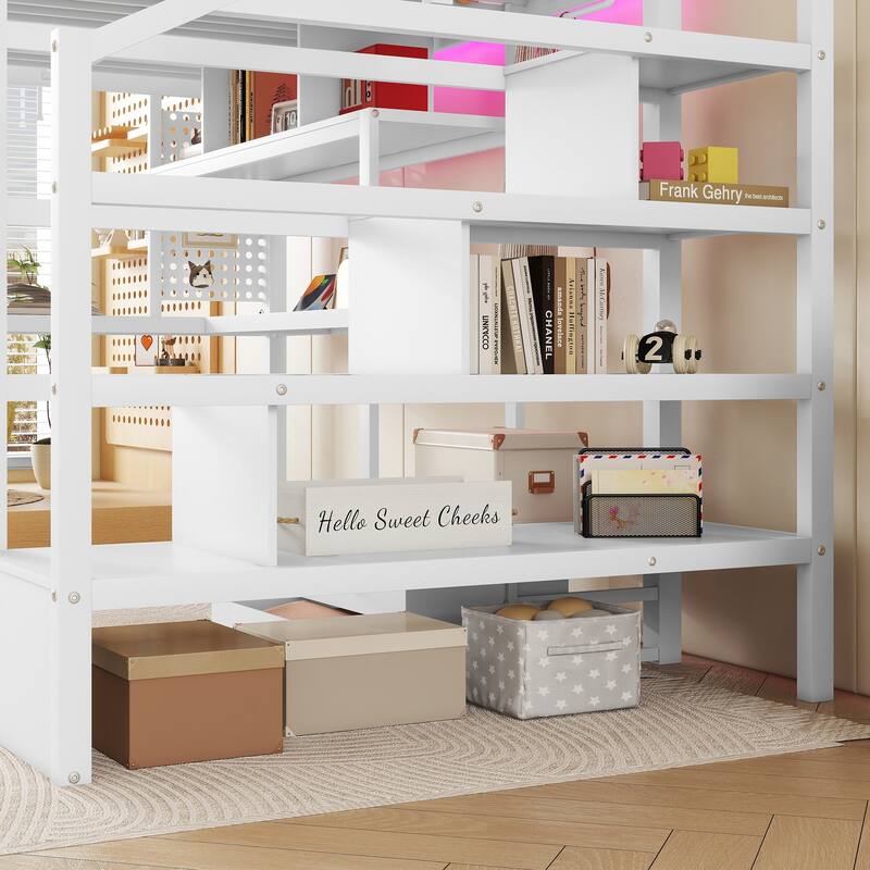 Full Size Metal Loft Bed with LED Lighting and Charging Station, Built-In Desk and Pegboard, Staircase Storage Wardrobe