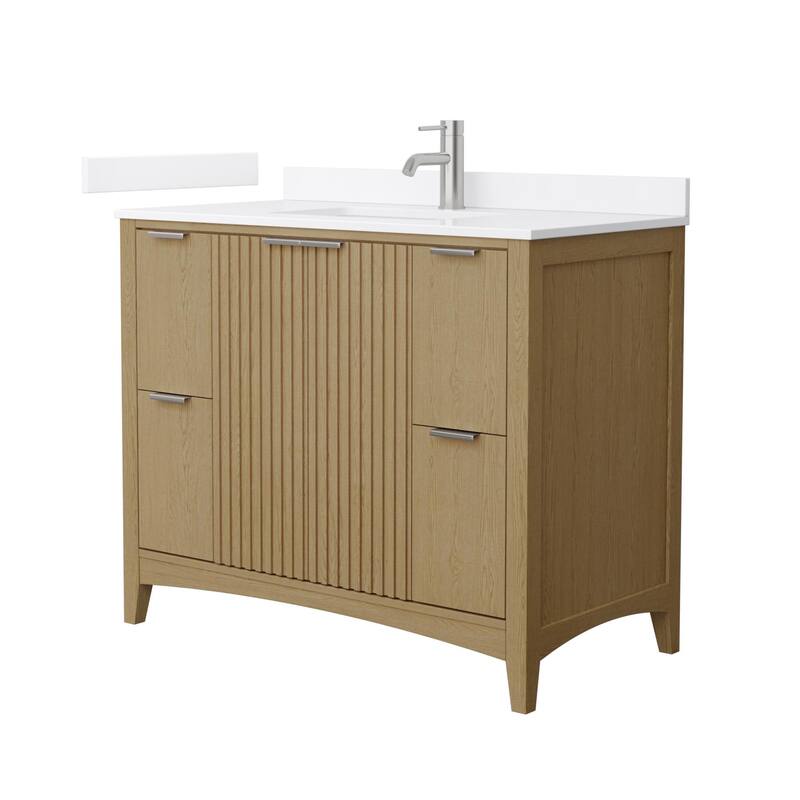 Wyndham Collection WCF9191-42S-QTZ-UNSMXX Palmilla 42" Free Standing - Natural Oak / White Quartz Top / Brushed Nickel