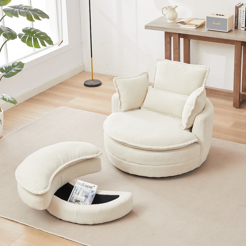 52" Upholstered Swivel Barrel Chair with Moon Storage Ottoman
