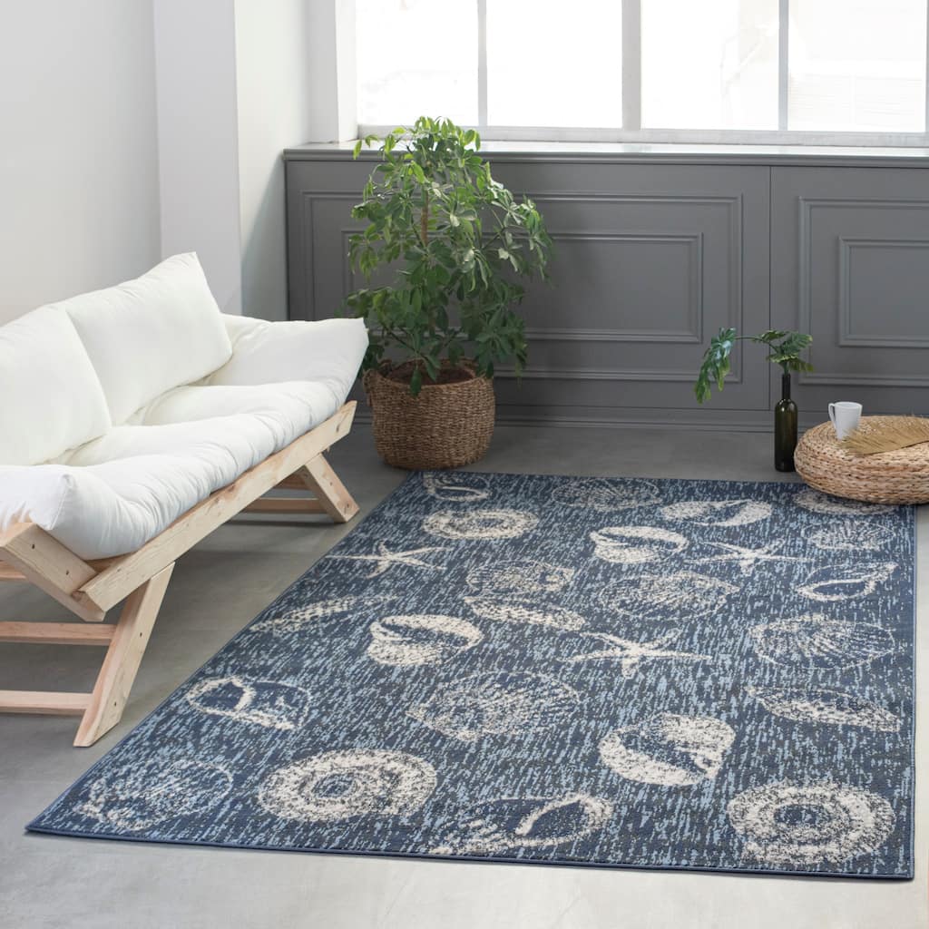 Lela Collection Blue, Grey, and Ivory Seashell Polyester Rug