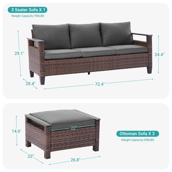 dimension image slide 2 of 4, Bonosuki 3 Pieces Patio Sofa with Ottomans, All-Weather PE Rattan Wicker Sofa Small Patio Conversation Couch with Cushion, Brown