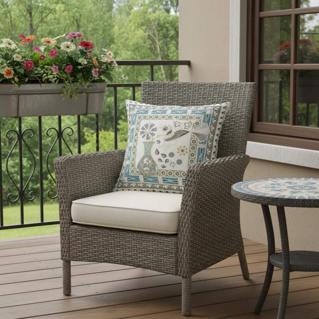 HomeRoots 18" x 18" Off White Bird Blown Seam Floral Indoor Outdoor Throw Pillow - 18.00' X '5.00' X '18.00