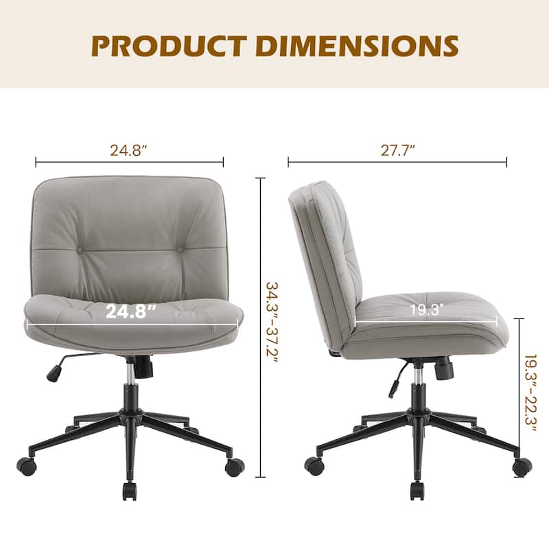 Armless Office Desk PU Leather Wide Seat with Wheels