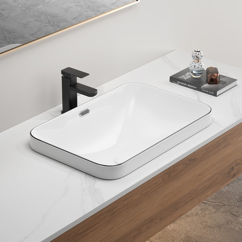 GDFStudio - Oliver Seamless Undermount Ceramic Bathroom Sink for Vanity Countertops - White with Black Lines