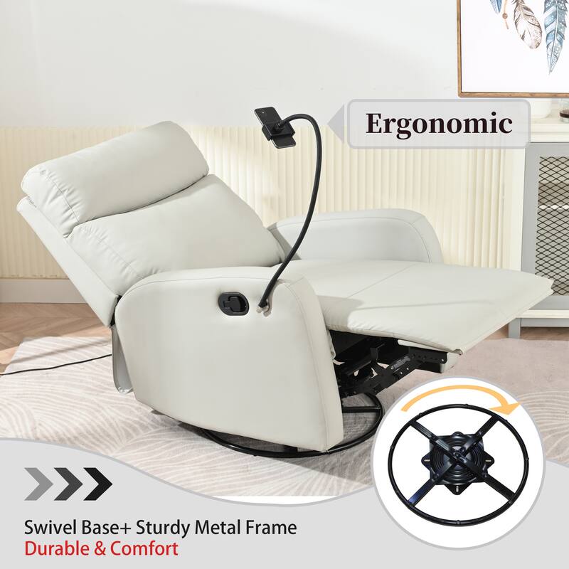 Grey 360° Swivel Recliner with Rocking Motion, Phone Holder, Footrest, and Adjustable Recline for Home Theater