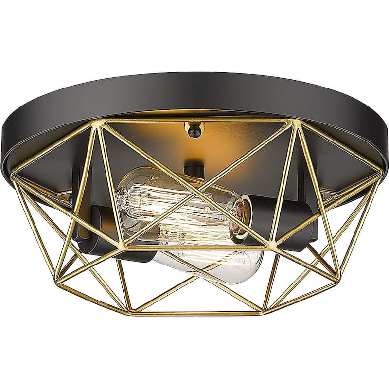 2-Light Industrial Ceiling Light Brass Metal Cage Flush Mount Lights - Black/Gold