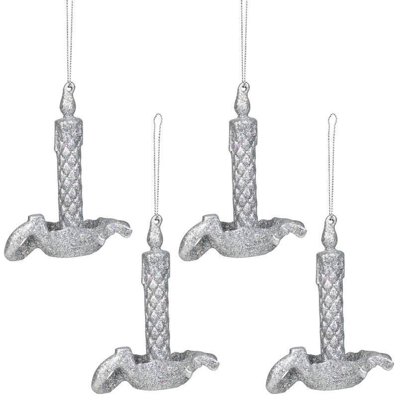 Glitter Drenched Candlestick Christmas Ornaments - 4" - Silver - Set of 4