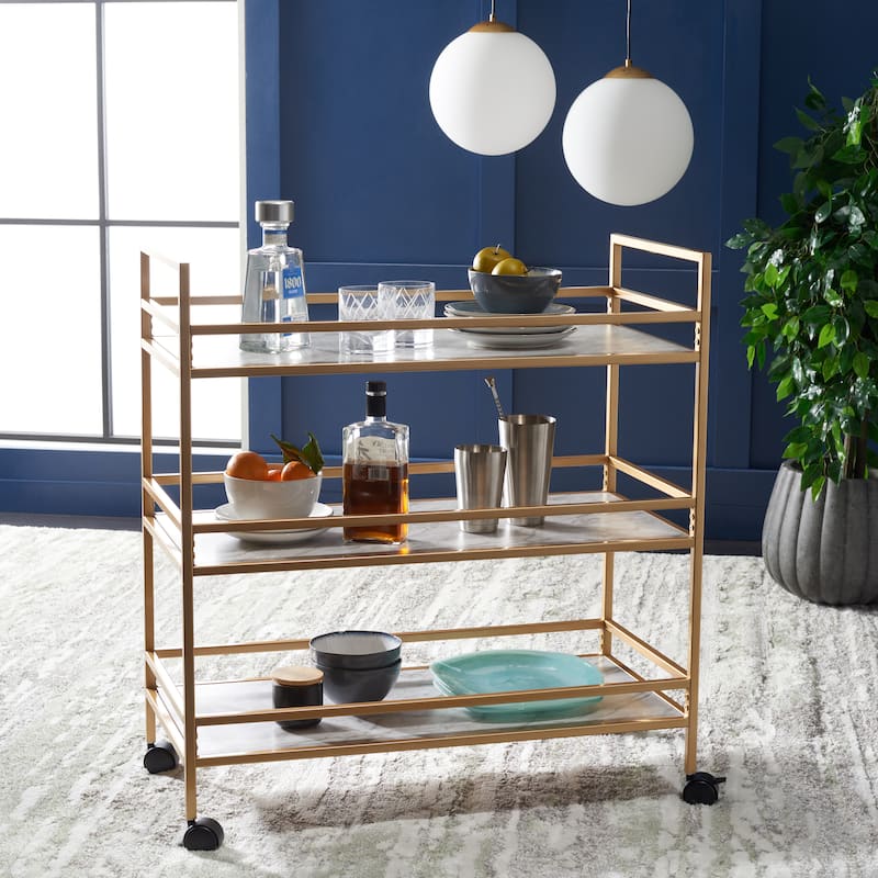 SAFAVIEH Home Collection Idria 3 Tier Bar Cart - 34" L x 16" W x 36" H - Matte Gold/White Faux Marble