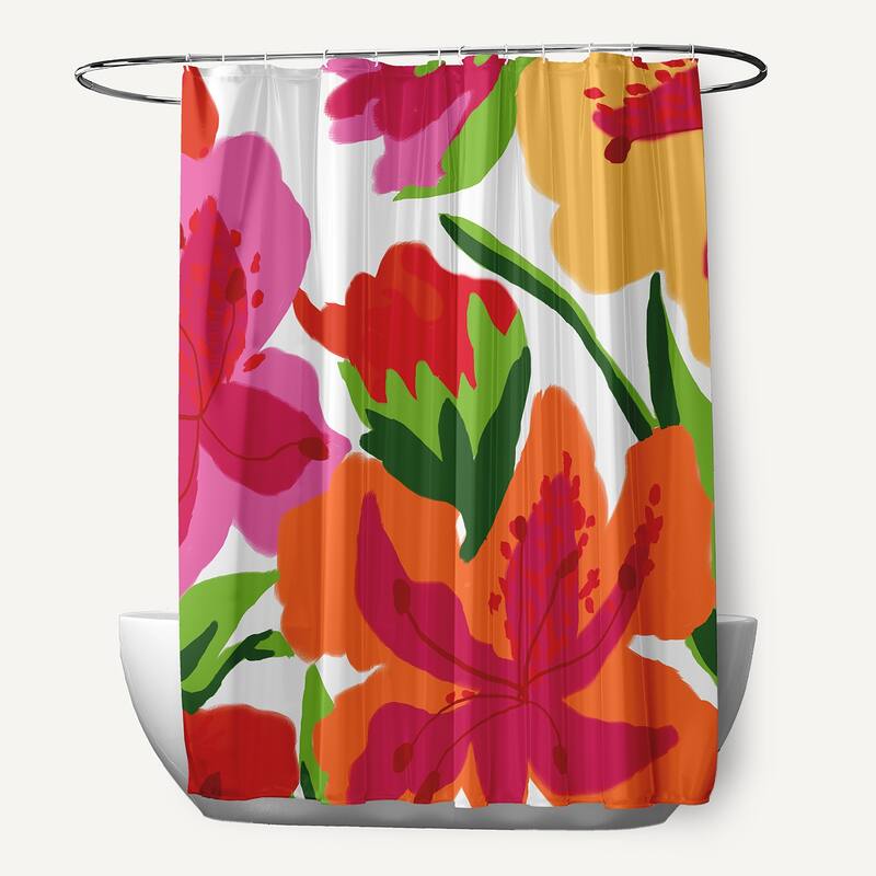 Tropical Floral, Floral Print Shower Curtain - Red