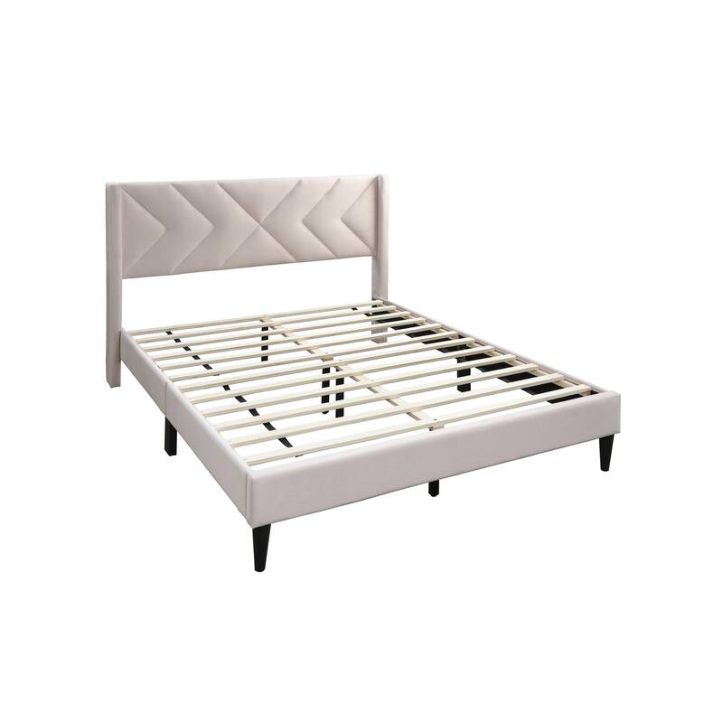 Elegant Modern Light Pink Velvet Upholstered Queen Size Bed Clean Lines Design Headboard 1pc Bedframe