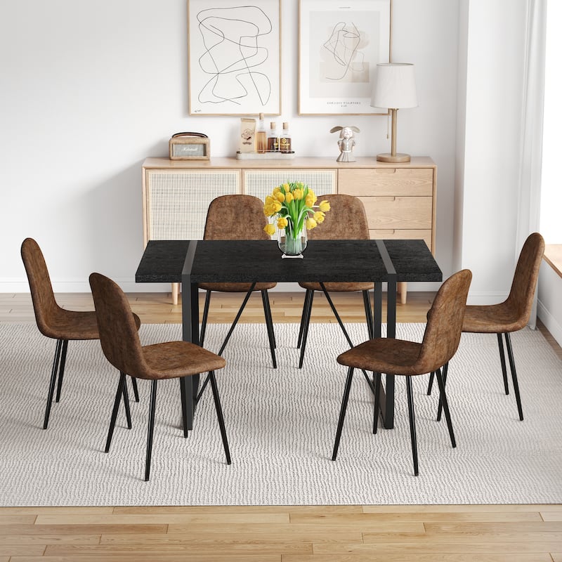 Retro Rectangular Dining Table Set for 6, 55-Inch Wood Table with 6 Linen Dining Chairs for Kitchen & Dining Room