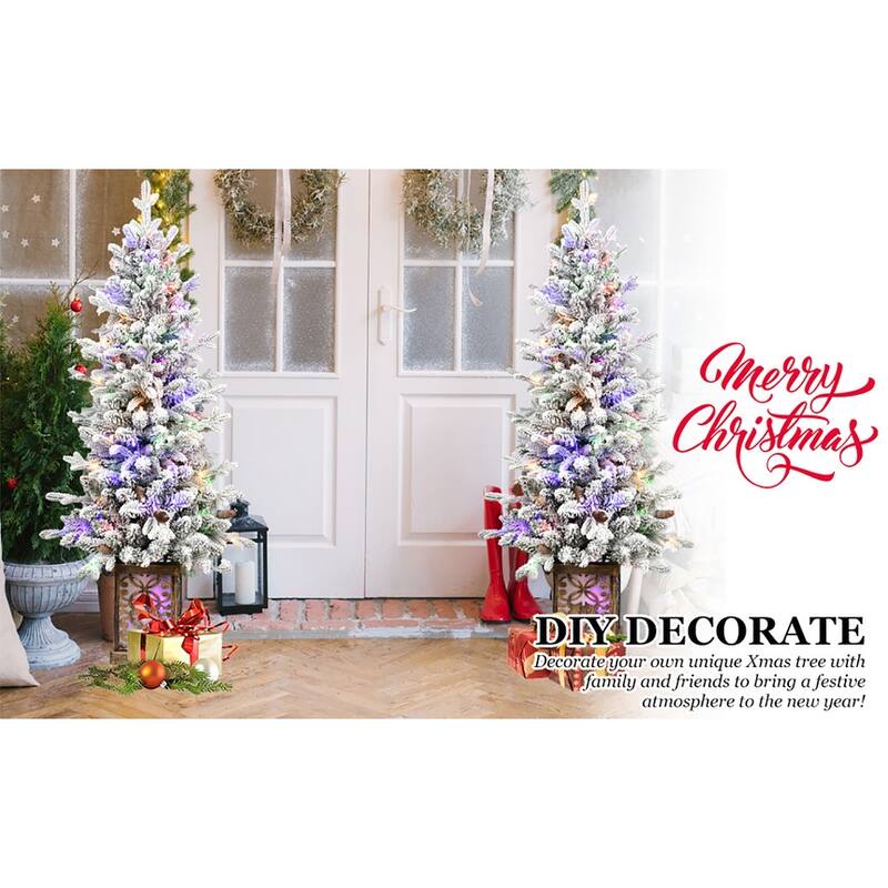 Pre-Lit Flocked Christmas Tree - Multicolour LED Lights, Pine Cones, Glitter Base, Light-Up Basin, Easy Assembly - White+Green