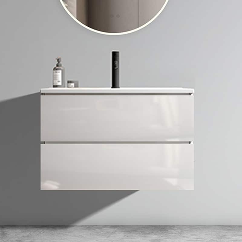 GDFStudio - Tia Wall-Mounted Bathroom Vanity with Ceramic Sink, Soft Close Drawers & U-Shaped Drainage - Glossy White - 30"