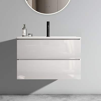 Wall Mount Glossy Bathroom Vanity with Ceramic Sink with Single Hole