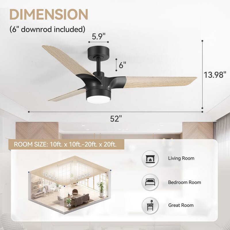 52" 3-Blade Modern LED Ceiling Fan with Light and Remote