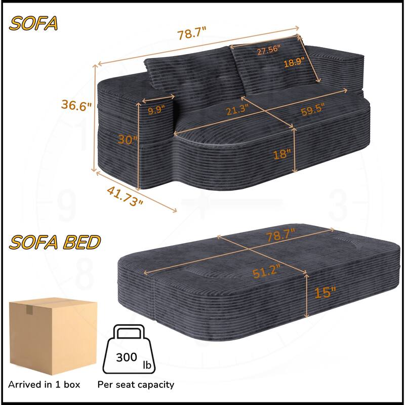 78.7 " W 2-in-1 Plush Corduroy Foldable Sofa