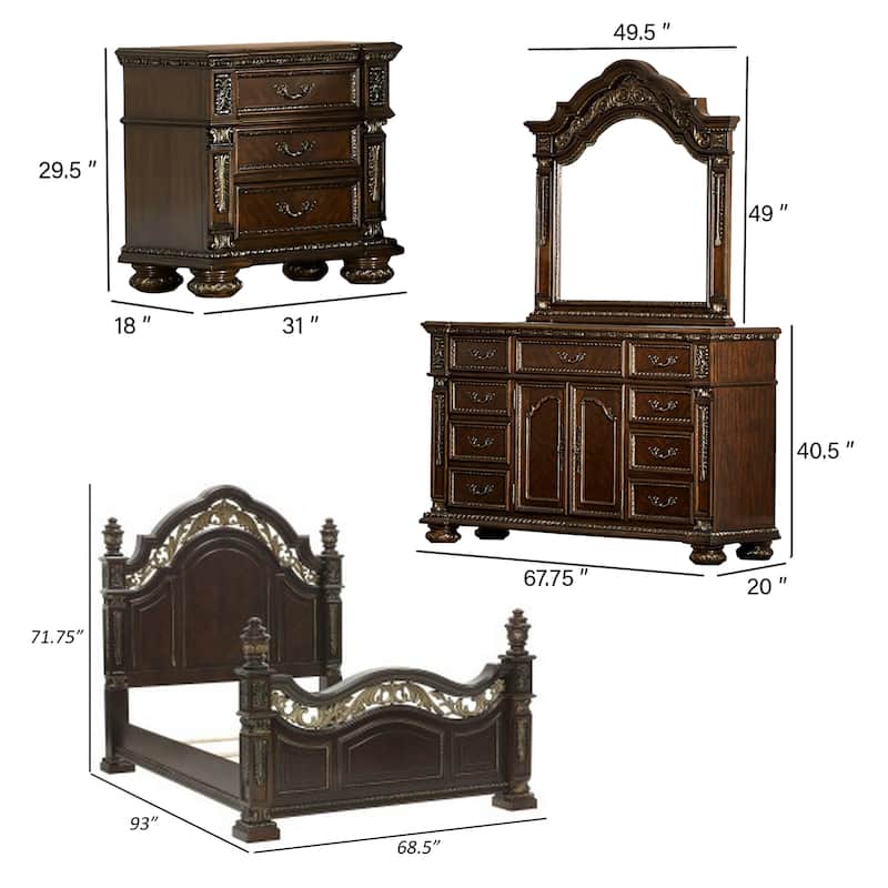 Lumi Four Pc Queen Bedroom Set, Gold Scrollwork, Acanthus Leaf Carving, Cherry Brown