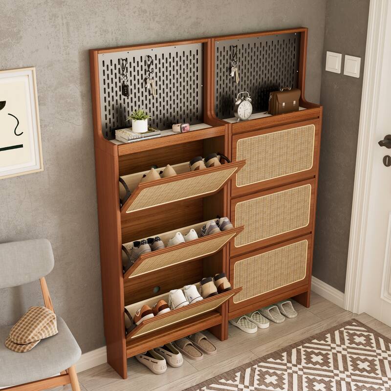Modern Free Standing Rattan Shoe Cabinet with Flip Drawers and Pegboard Storage, Stylish Shoe Rack for Entryway and Hallway