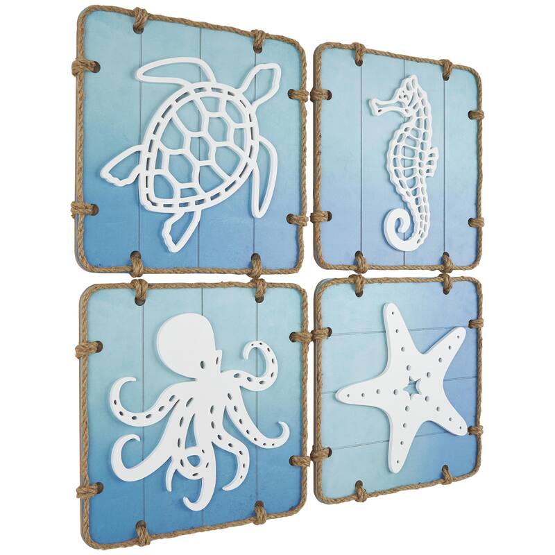 Wooden Sea Life Ombre Home Wall Decor with Rope Accents - Set of 4 Blue - Roche River Decor