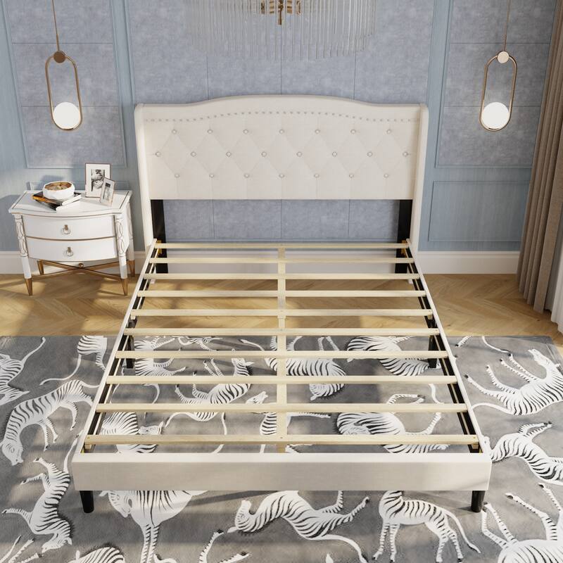 TB117-Certified Beige Queen Upholstered Bed Frame, Anti-Wear, Diamond Tufted Headboard