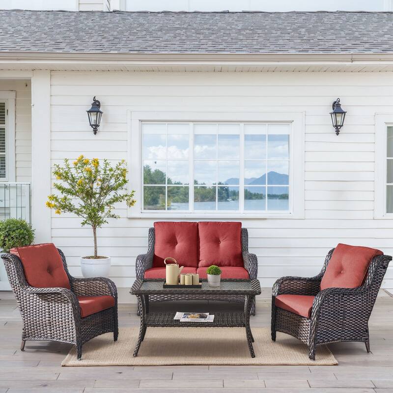 Outdoor Patio Chairs with Loveseat Coffee Table - Red - Brown