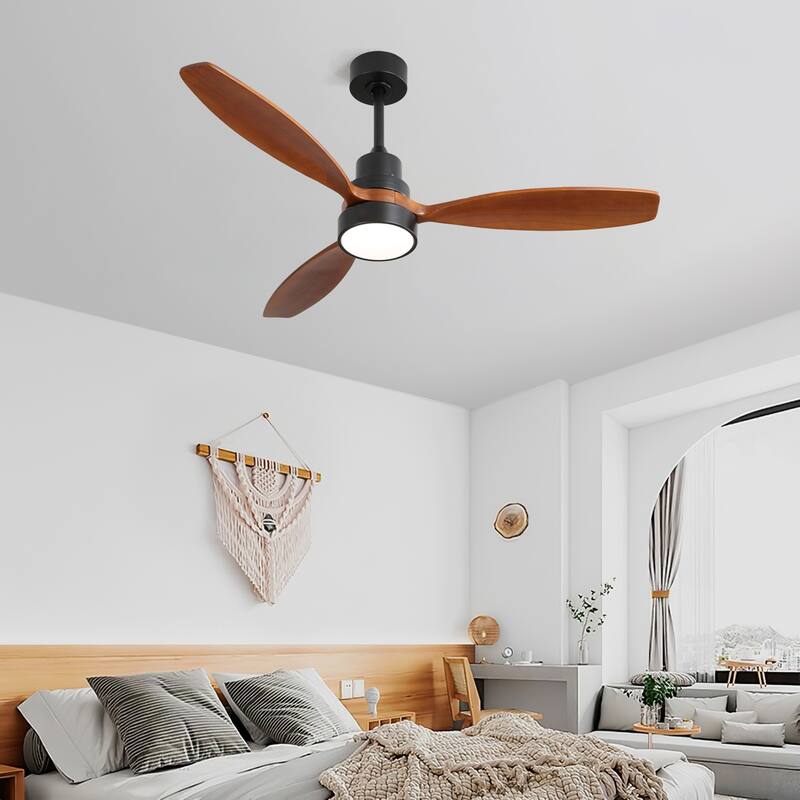 52 Inch Wooden Ceiling Fan Whit 3 Solid Wood Blades Remote Control Reversible DC Motor With Led Light