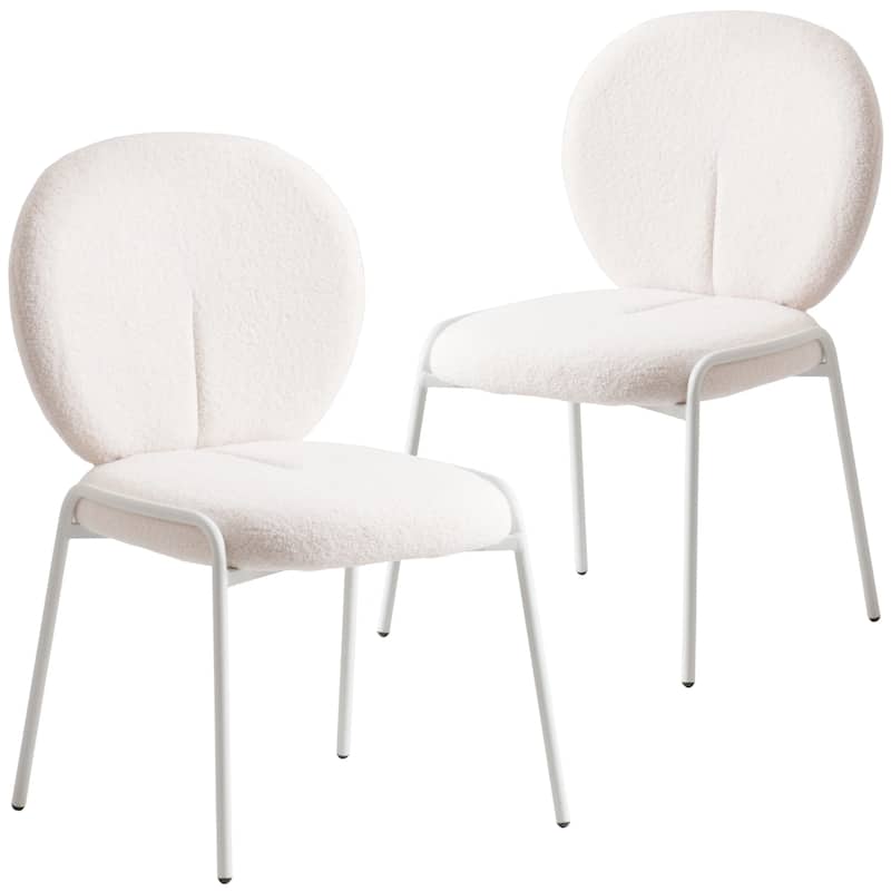 Celestial Modern Boucle Dining Chairs - Upholstered Accent Side Chairs with White Powder-Coated Iron Frame Set of 2 - White