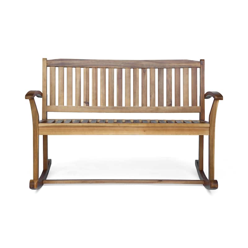 Roomfitters Outdoor Wooden Rocking Loveseat with Slatted Backrest, Wide Armrests and Classic Curved Base